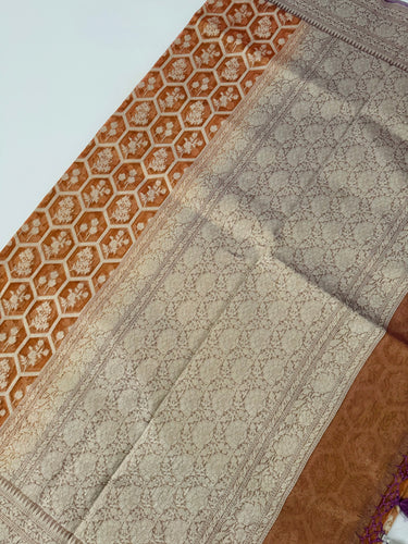 Organza Silk Sari from Banaras | Metallic Rust Orange | Gold Zari | Handwoven | Ships from California